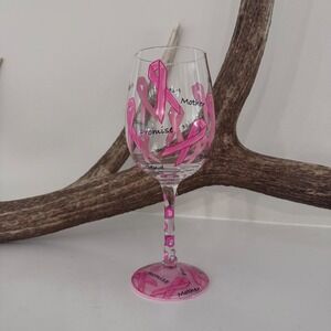 Lolita Pink Ribbon Breast Cancer Awareness Hand Painted Wine Glass Rhinestones